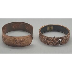 Vintage Copper Elephant Cuff Textured Hinged Bangle Bracelet Set Women Brown